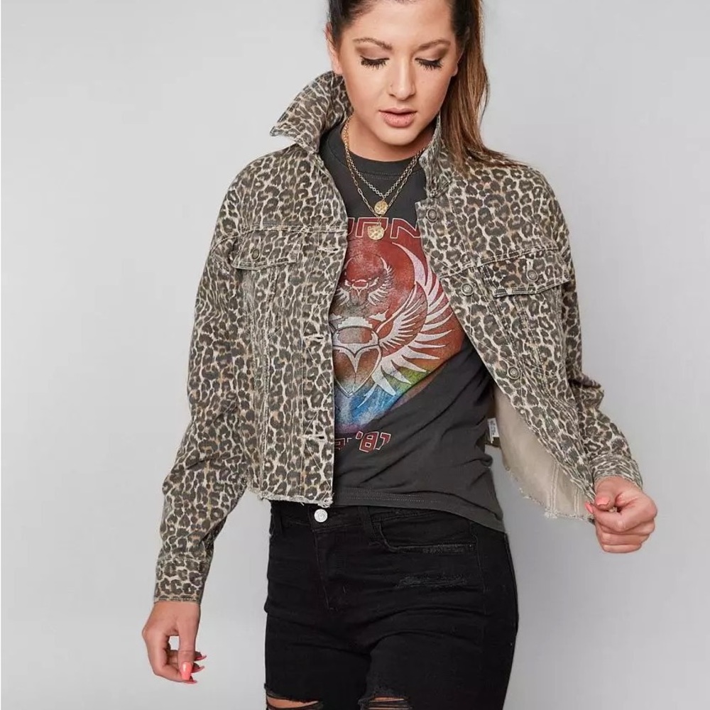 Free People Cropped Leopard Denim Jacket XS